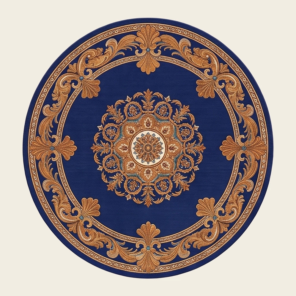 Royal Sunburst hand-tufted rug in Royal Navy – flat lay