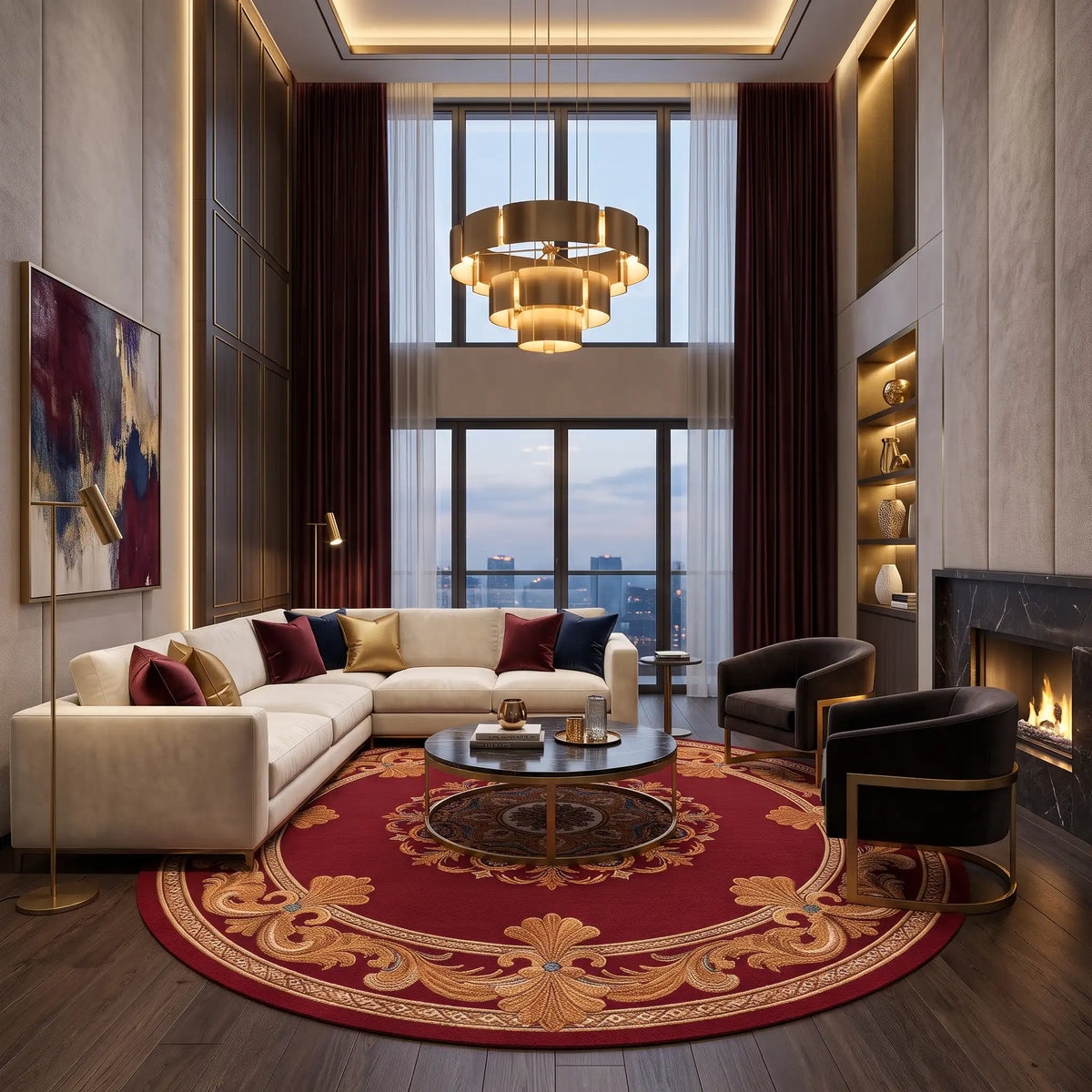Royal Sunburst hand-tufted rug in Crimson Gold – styled in a room