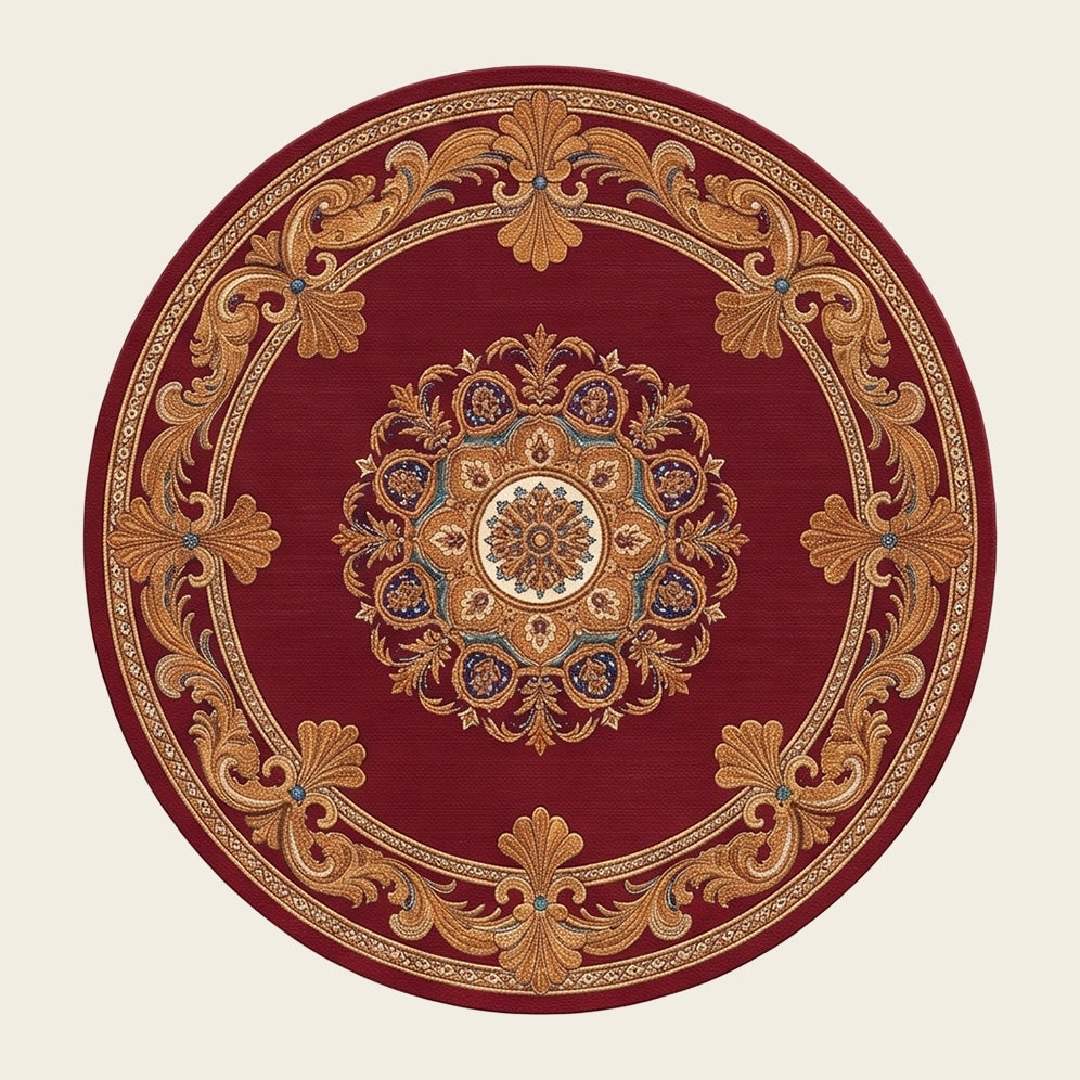 Royal Sunburst hand-tufted rug in Crimson Gold – flat lay