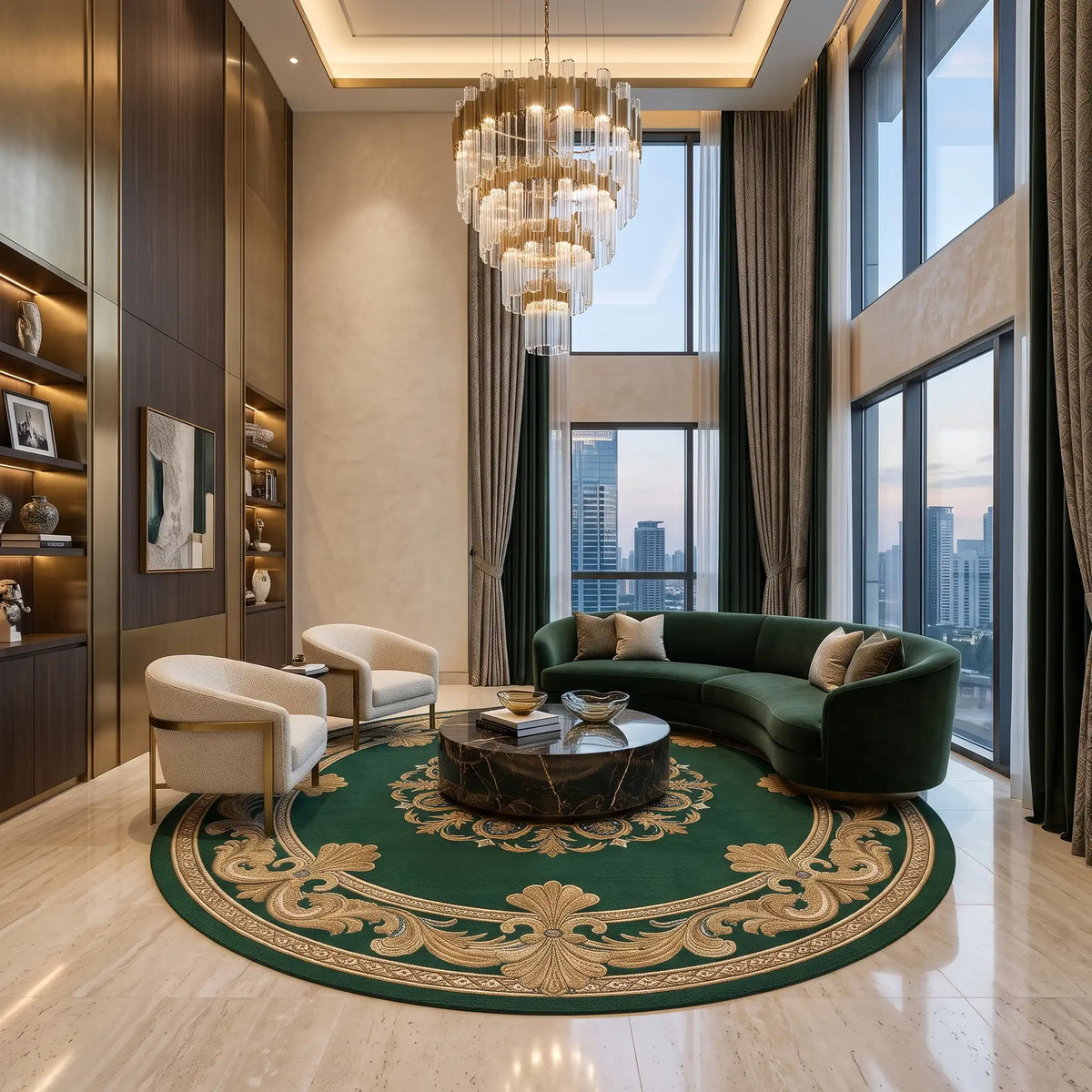 Royal Sunburst hand-tufted rug in Emerald Gold – styled in a room
