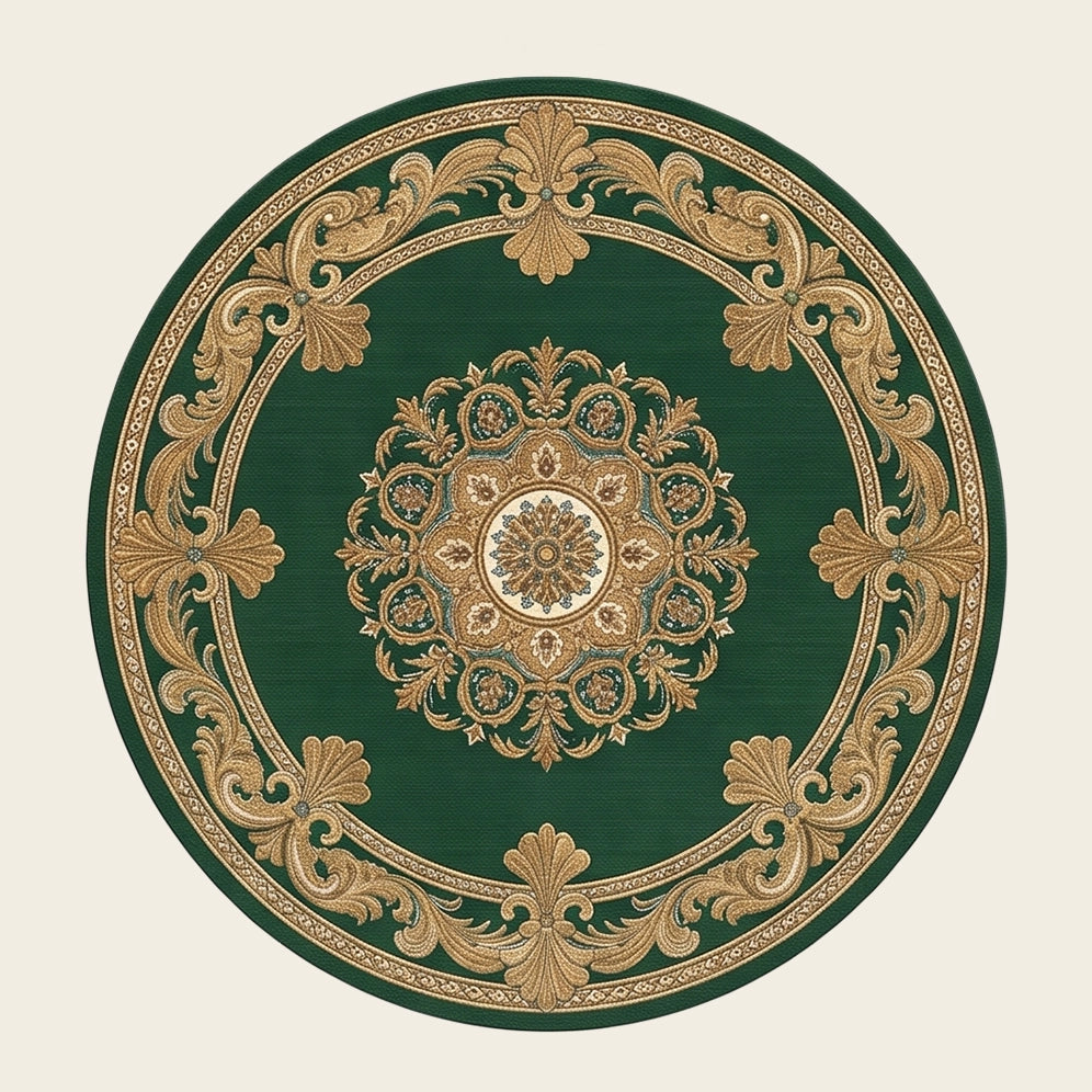 Royal Sunburst hand-tufted rug in Emerald Gold – flat lay