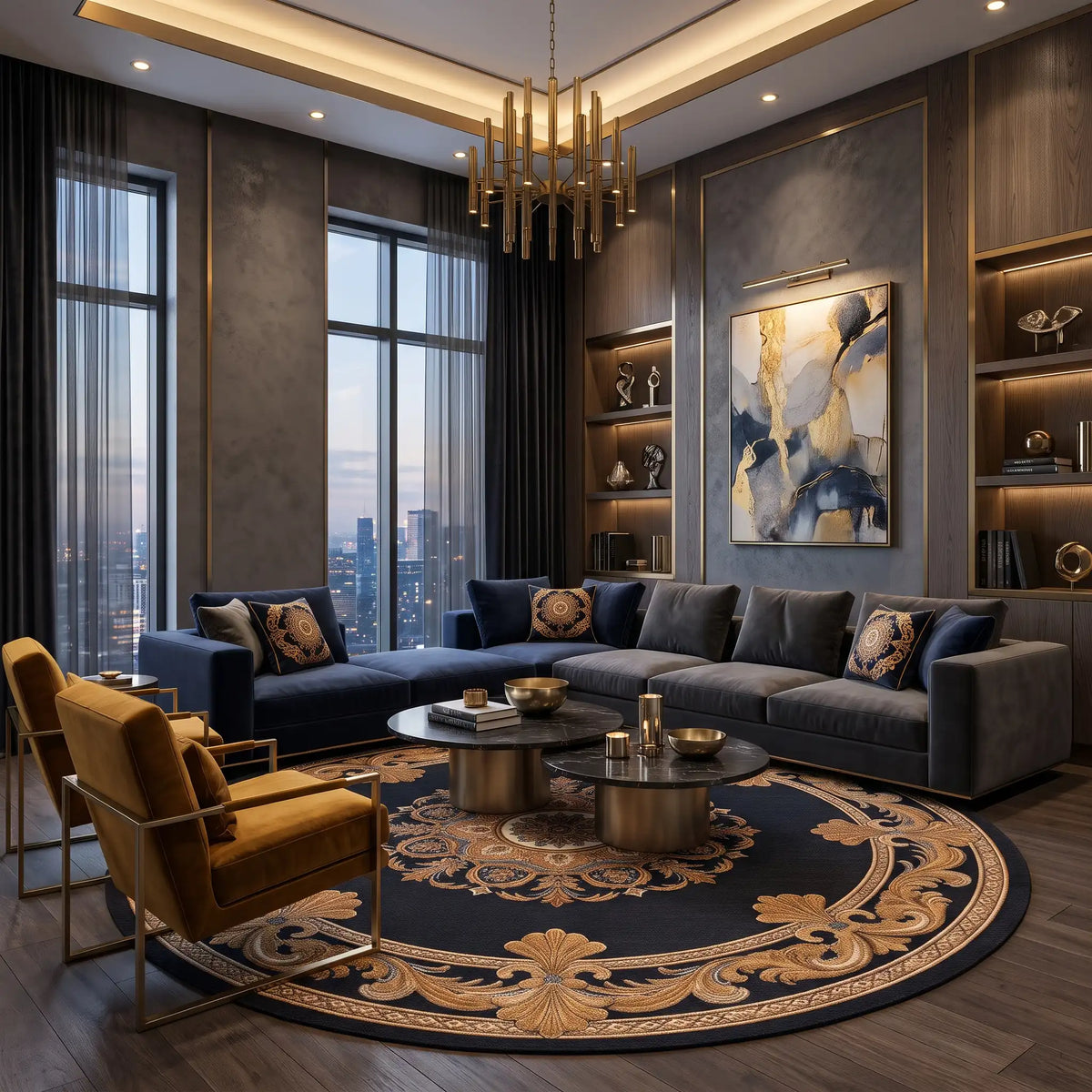 Royal Sunburst hand-tufted rug in Onyx Gold – styled in a room