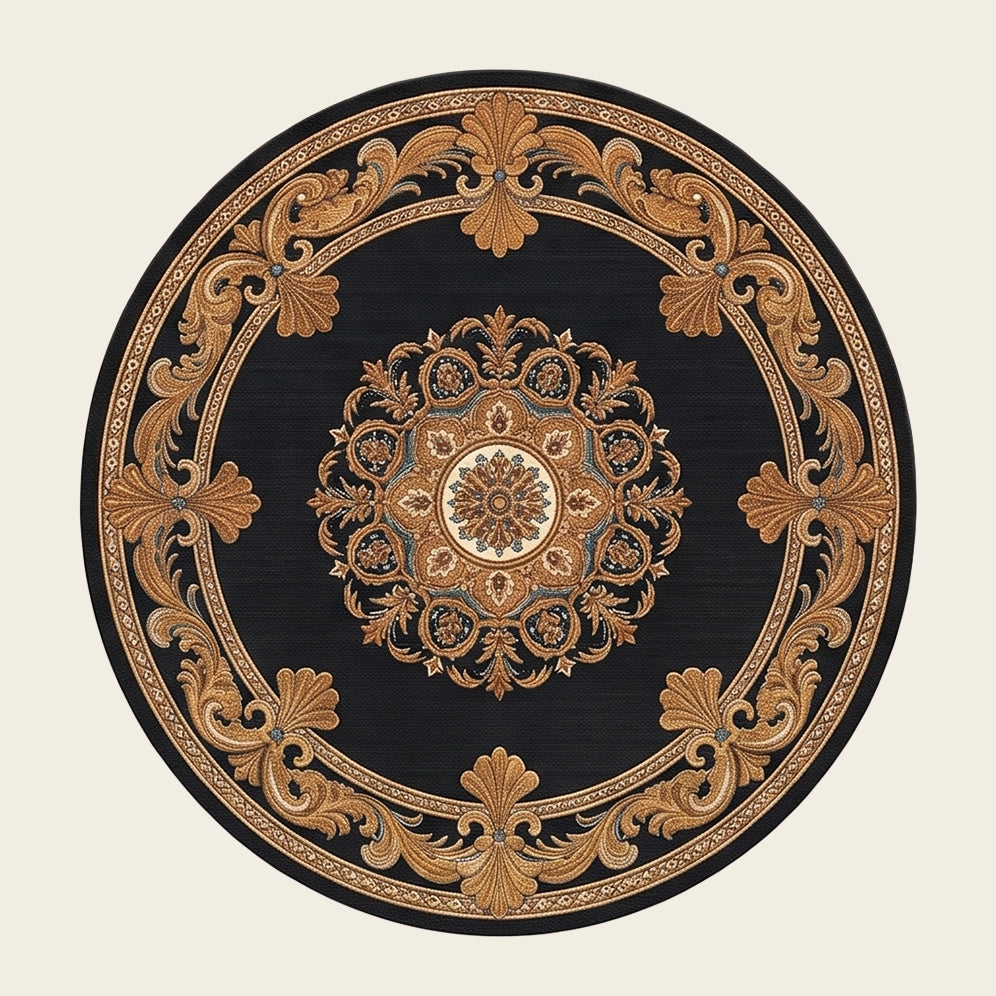 Royal Sunburst hand-tufted rug in Onyx Gold – flat lay