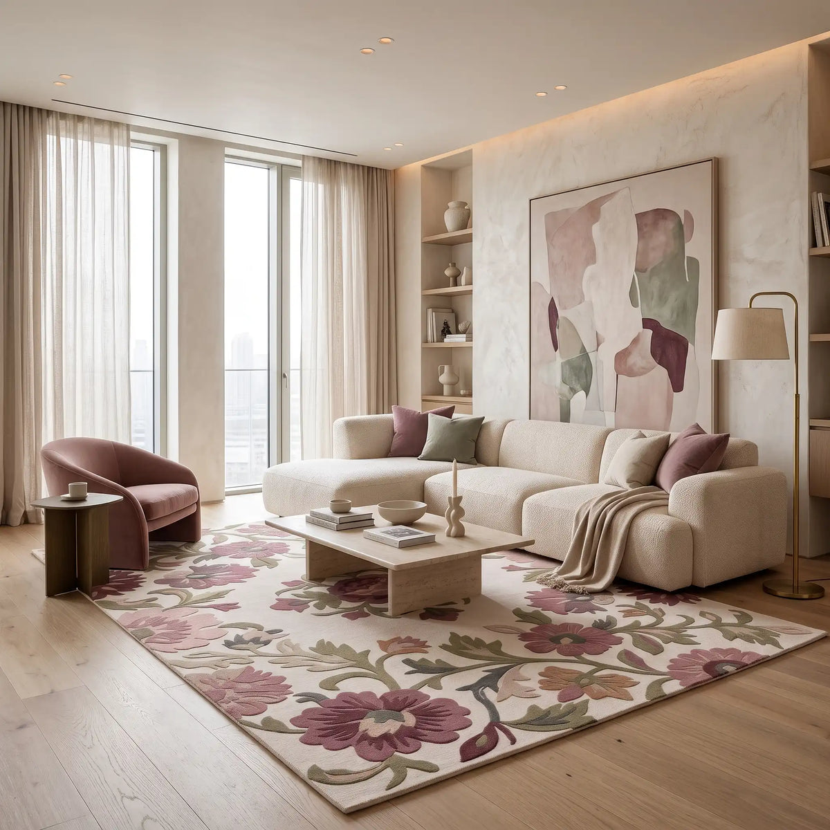 Rose Tapestry hand-tufted rug in Ivory Rose – styled in a room