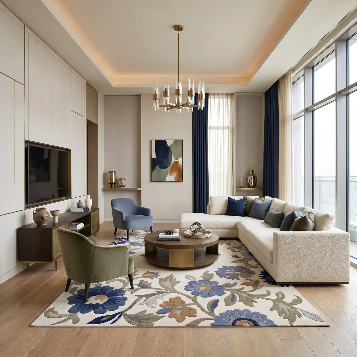 Rose Tapestry hand-tufted rug in Ivory Delft – styled in a room