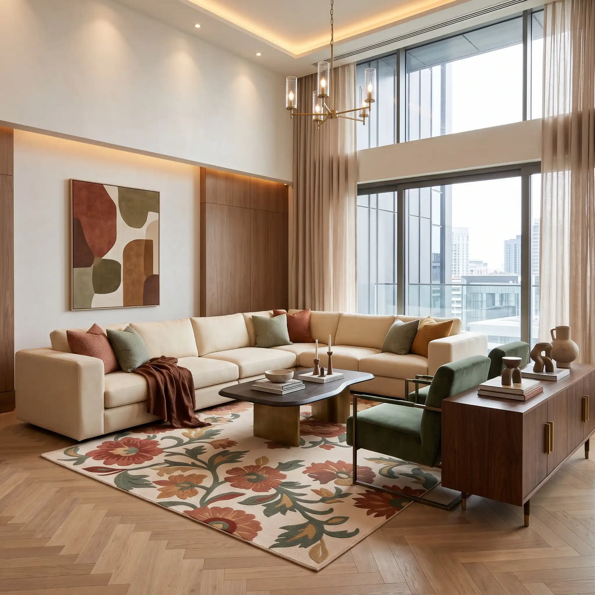 Rose Tapestry hand-tufted rug in Sand Rose – styled in a room