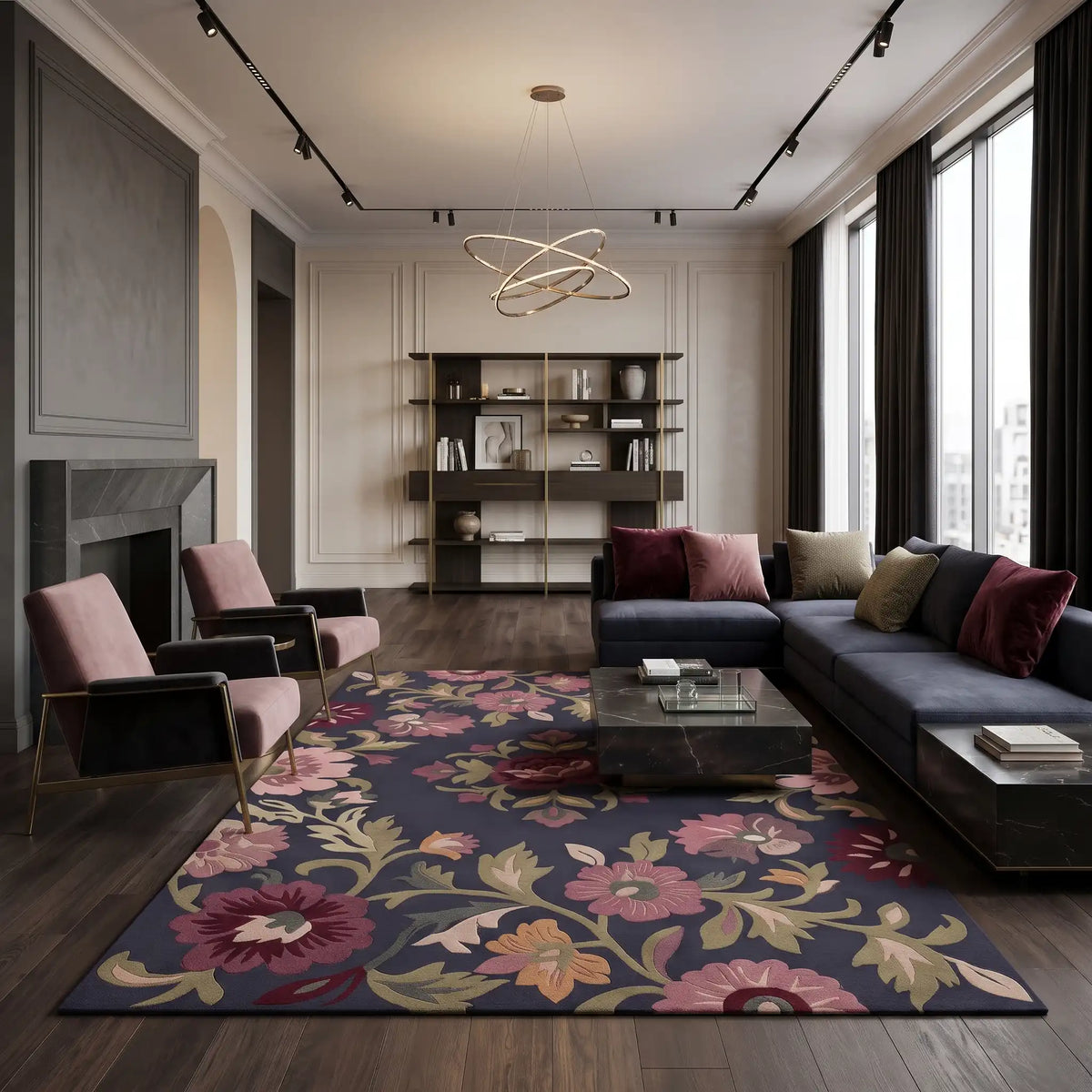 Rose Tapestry hand-tufted rug in Midnight Rose – styled in a room