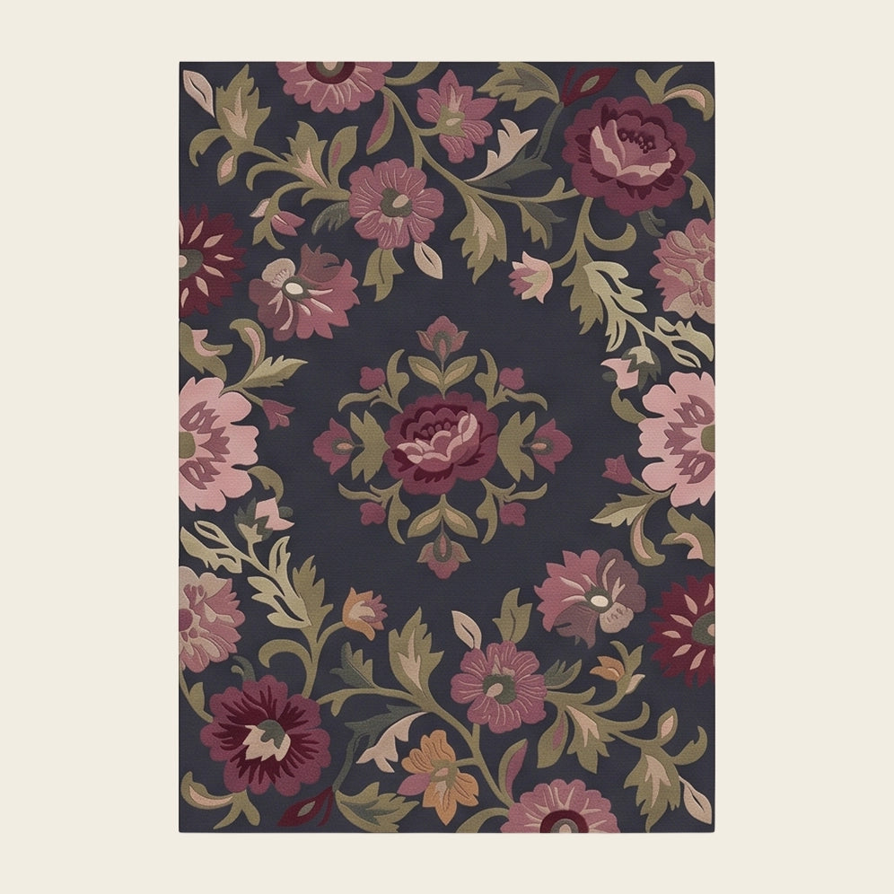 Rose Tapestry hand-tufted rug in Midnight Rose – flat lay