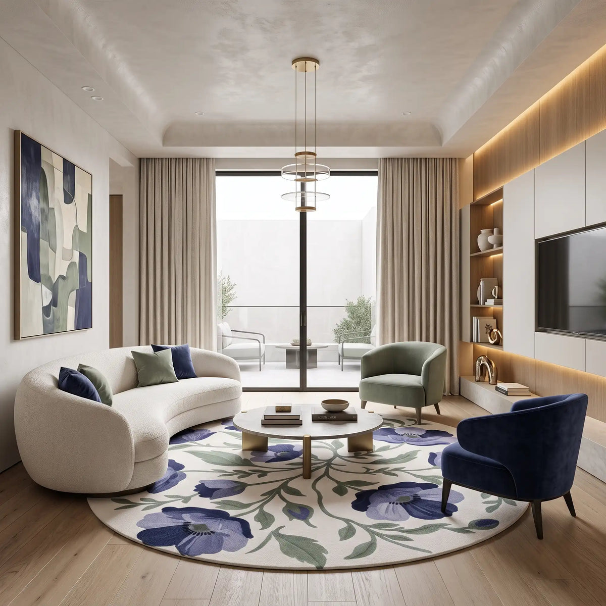 Poppy Field hand-tufted rug in Delft Blue – styled in a room