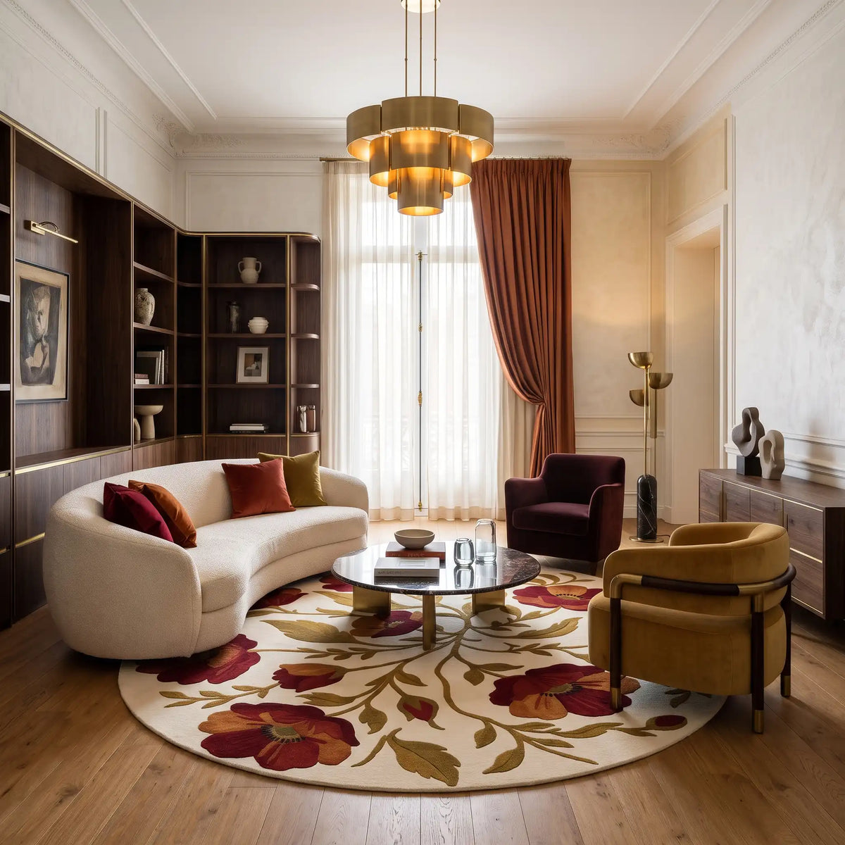 Poppy Field hand-tufted rug in Saffron – styled in a room
