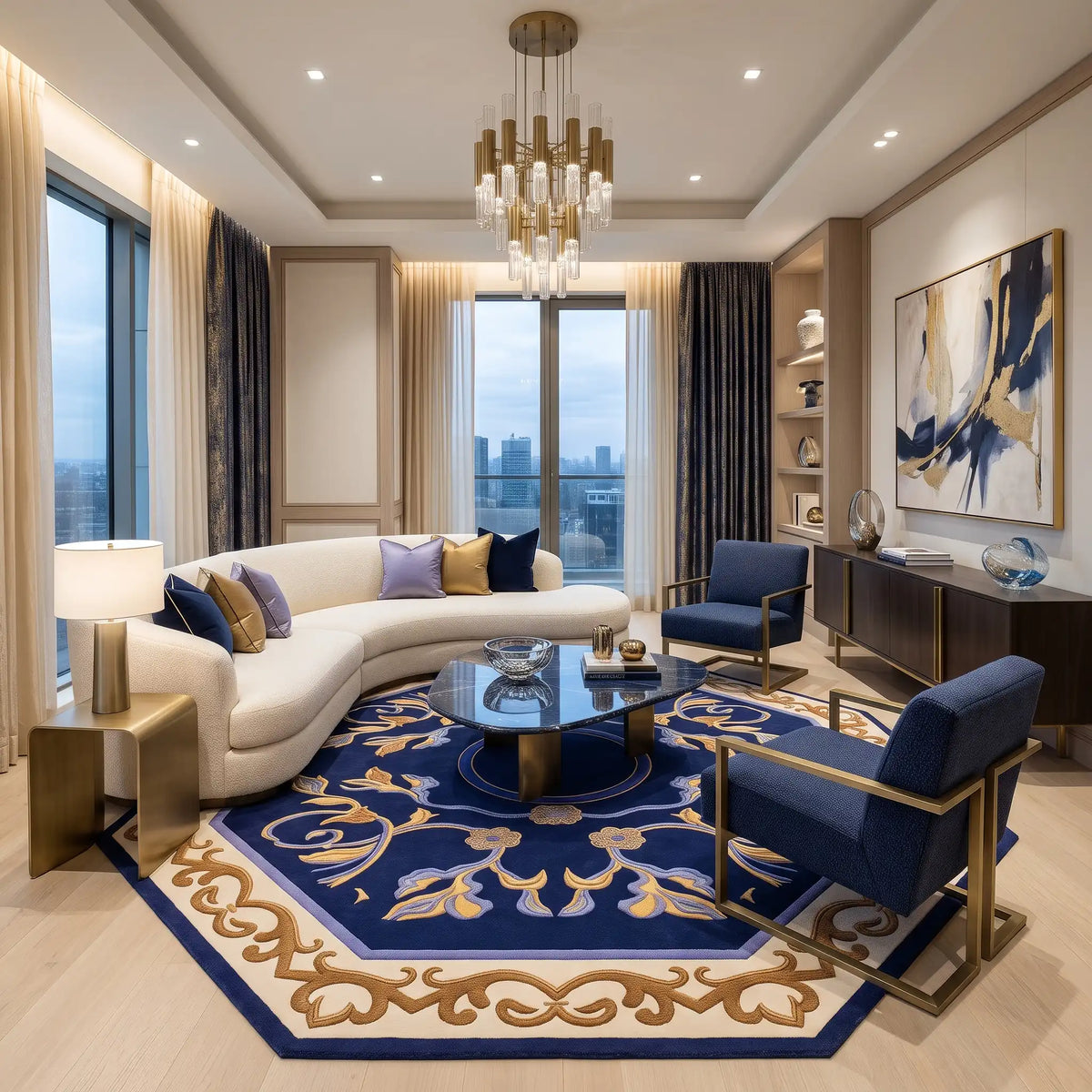 Palace Octagon hand-tufted rug in Navy Gold – close-up of the tufted pile texture