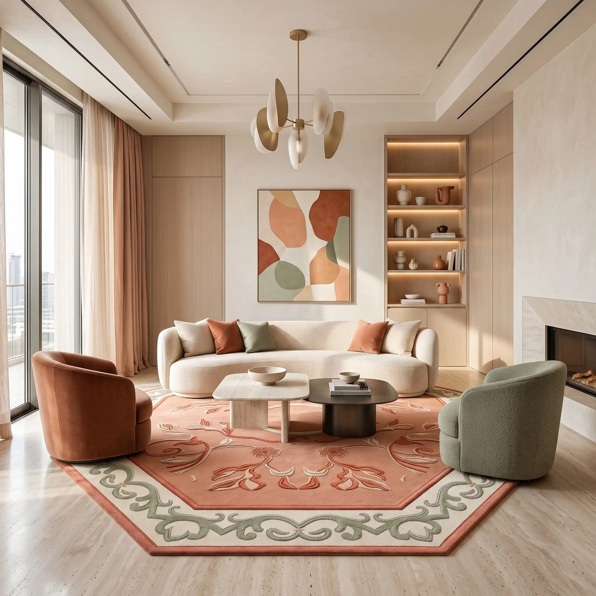 Palace Octagon hand-tufted rug in Coral Ivory – close-up of the tufted pile texture