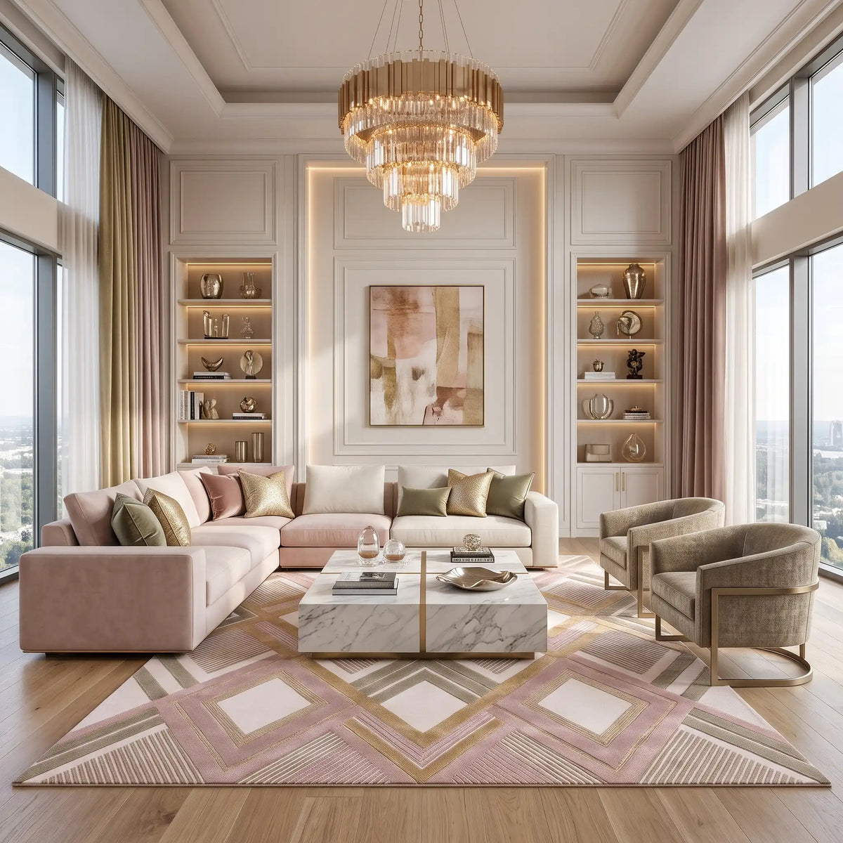Argyle Prism hand-tufted rug in Blush Sand – styled in a room