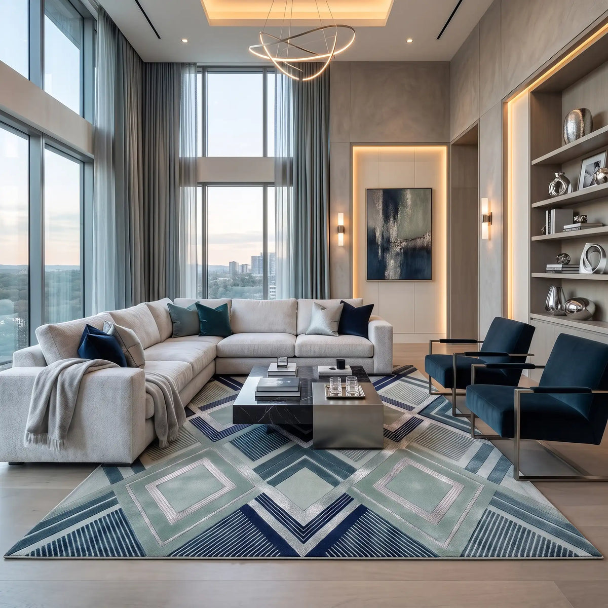 Argyle Prism hand-tufted rug in Teal Navy – styled in a room