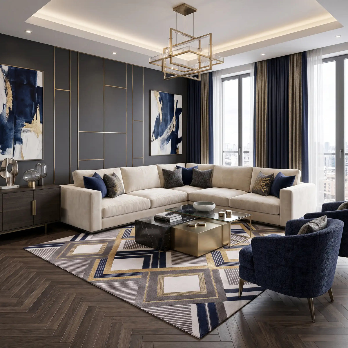 Argyle Prism hand-tufted rug in Slate Plum – styled in a room