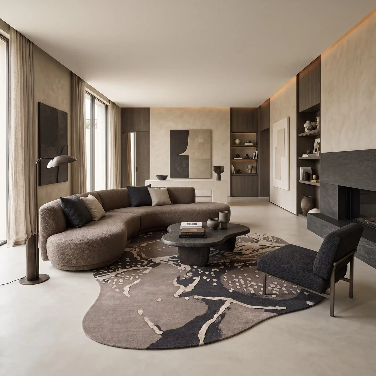 Stone Atlas hand-tufted rug in Smoke Grey – styled in a room