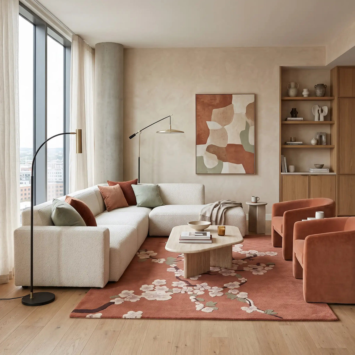 Sakura Branch hand-tufted rug in Terracotta – styled in a room