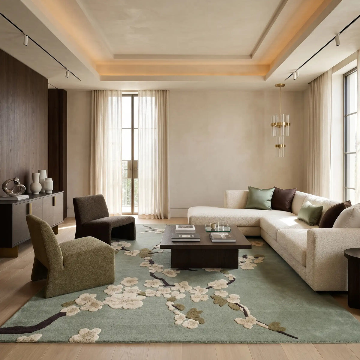 Sakura Branch hand-tufted rug in Sage – styled in a room