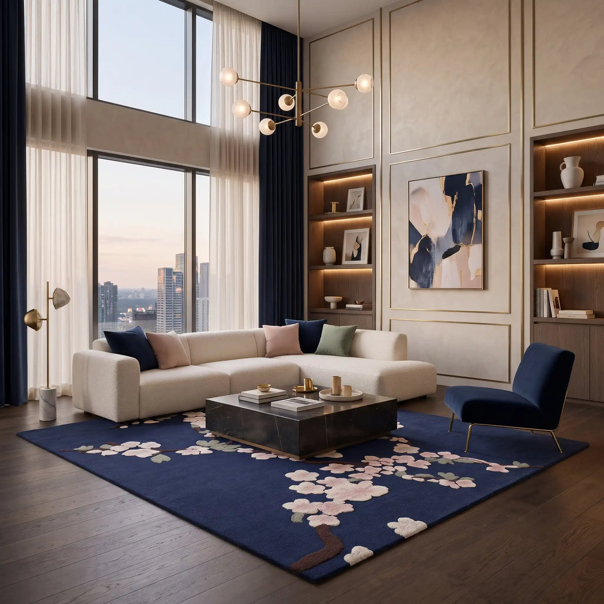Sakura Branch hand-tufted rug in Midnight Navy – styled in a room