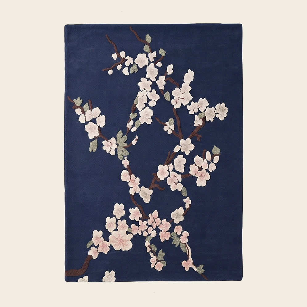 Sakura Branch hand-tufted rug in Midnight Navy – flat lay
