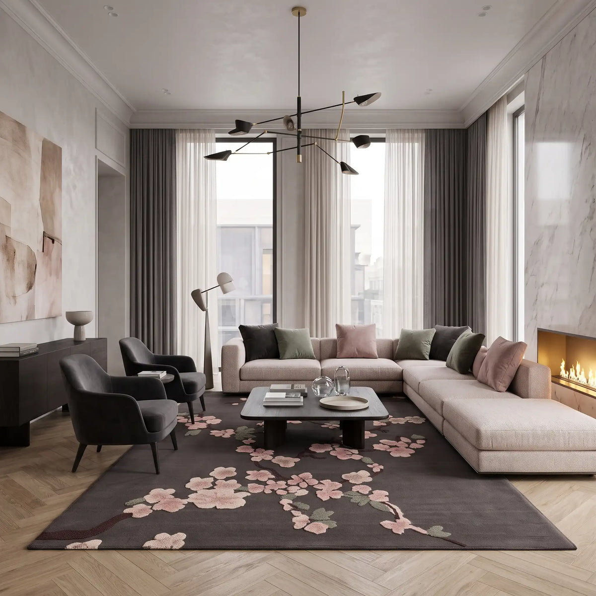 Sakura Branch hand-tufted rug in Mocha – styled in a room