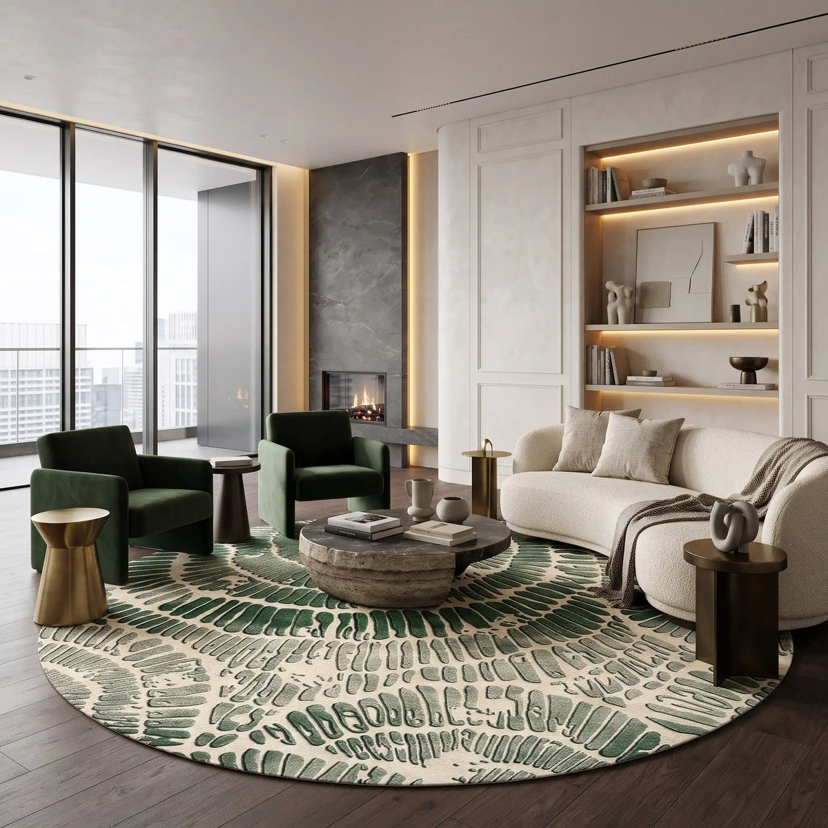 Coral Reef hand-tufted rug in Forest Sage – styled in a room