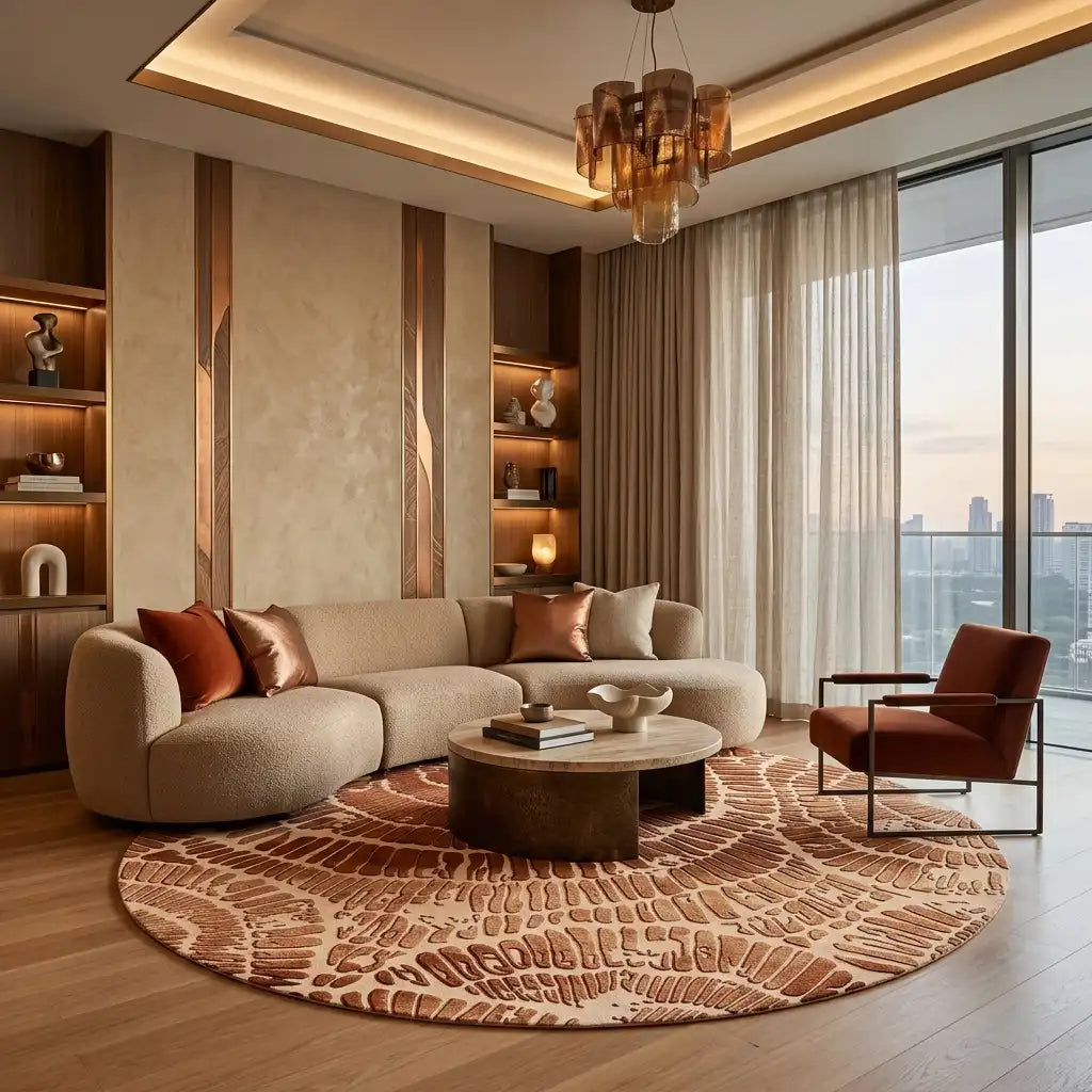 Coral Reef hand-tufted rug in Copper Rust – styled in a room