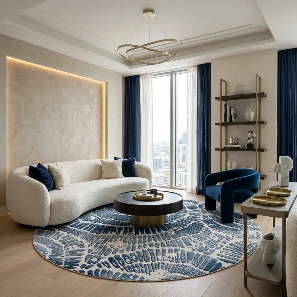 Coral Reef hand-tufted rug in Steel Blue – styled in a room