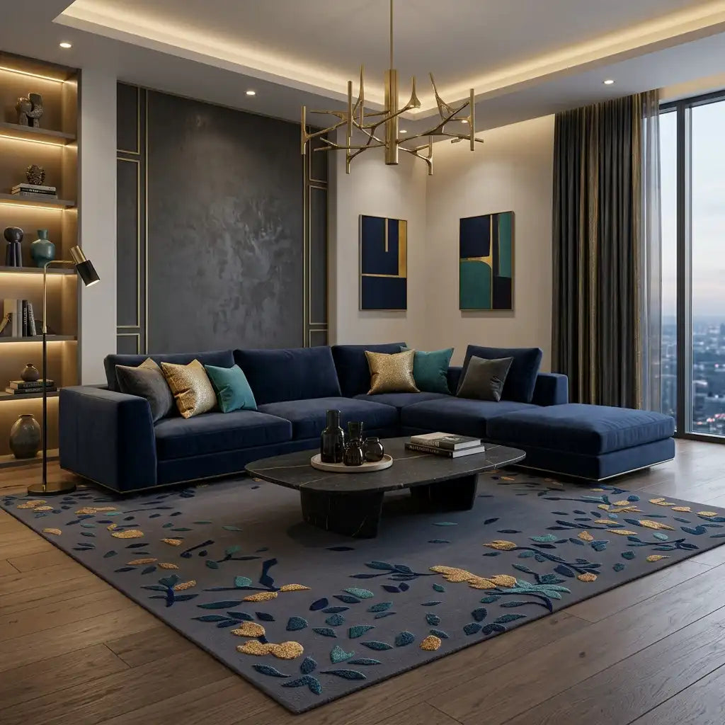 Gilded Terrazzo hand-tufted rug in Charcoal Gold – styled in a room
