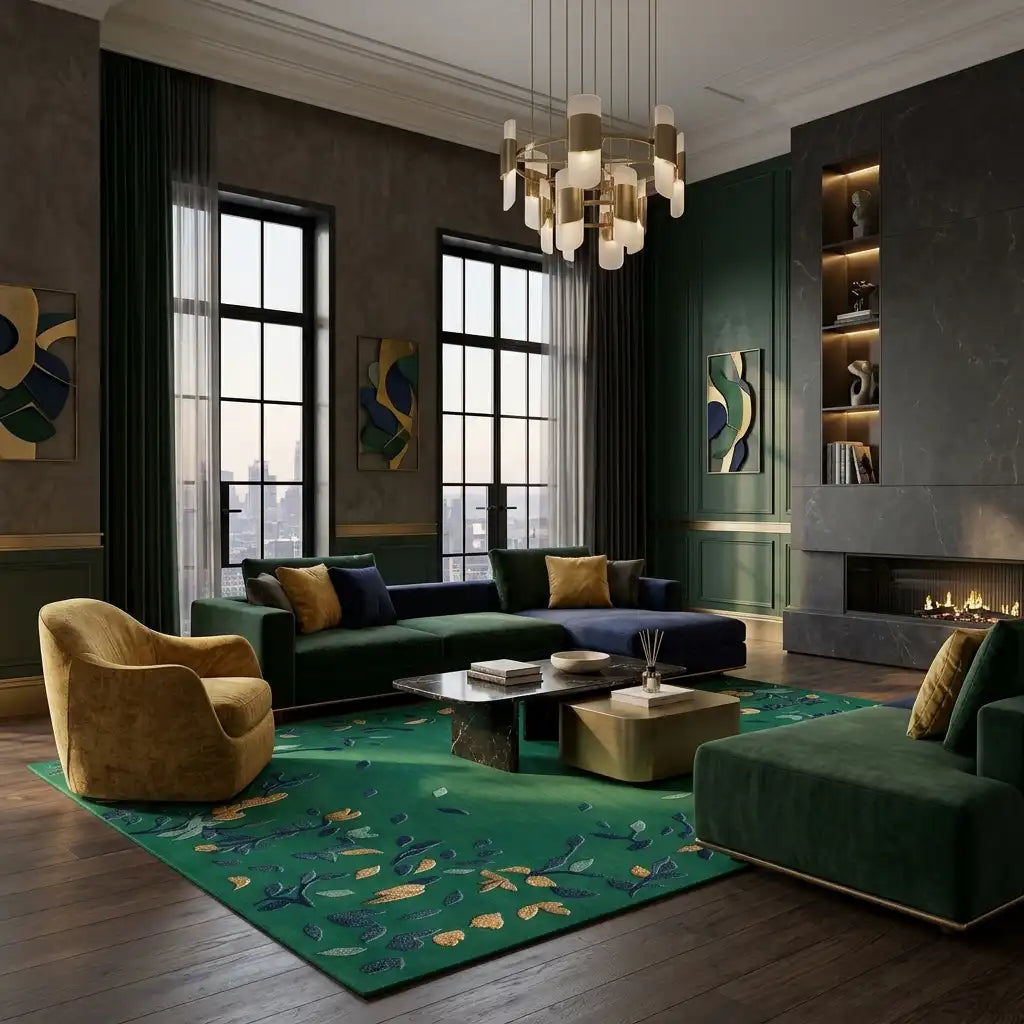 Gilded Terrazzo hand-tufted rug in Emerald Gold – styled in a room