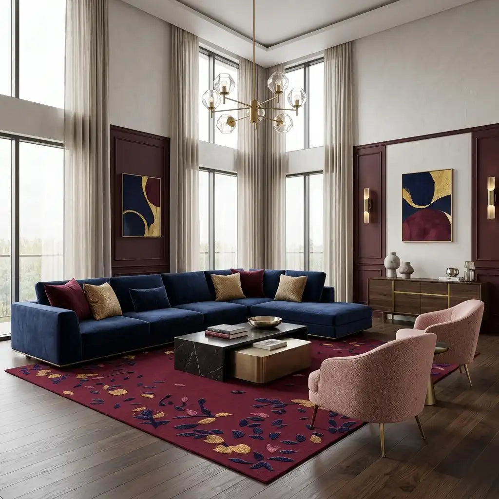 Gilded Terrazzo hand-tufted rug in Burgundy Gold – styled in a room