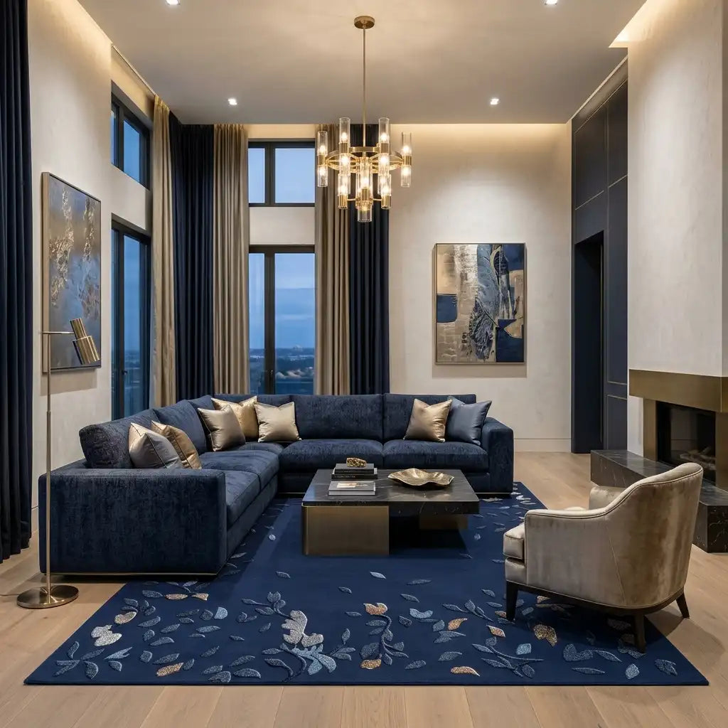 Gilded Terrazzo hand-tufted rug in Navy Silver – styled in a room