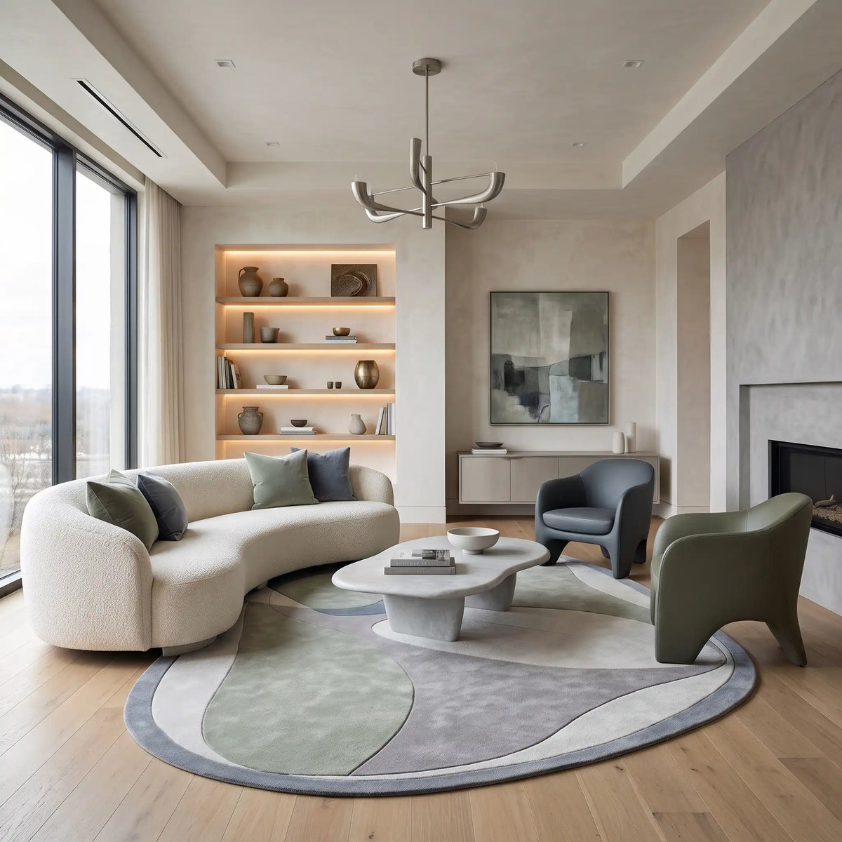 Petal Pebble hand-tufted rug in Mist Blue – styled in a room
