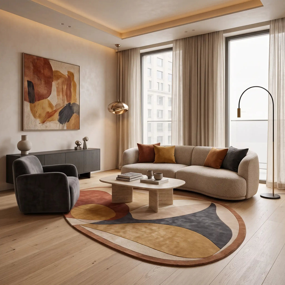 Petal Pebble hand-tufted rug in Terracotta Ochre – styled in a room