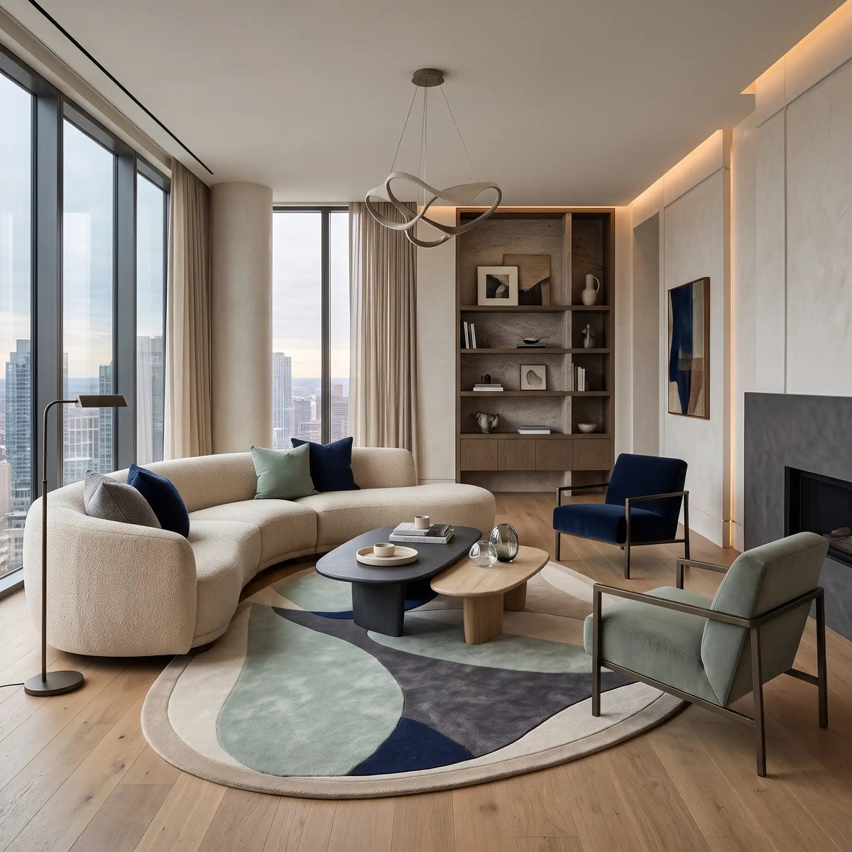Petal Pebble hand-tufted rug in Navy Sage – styled in a room