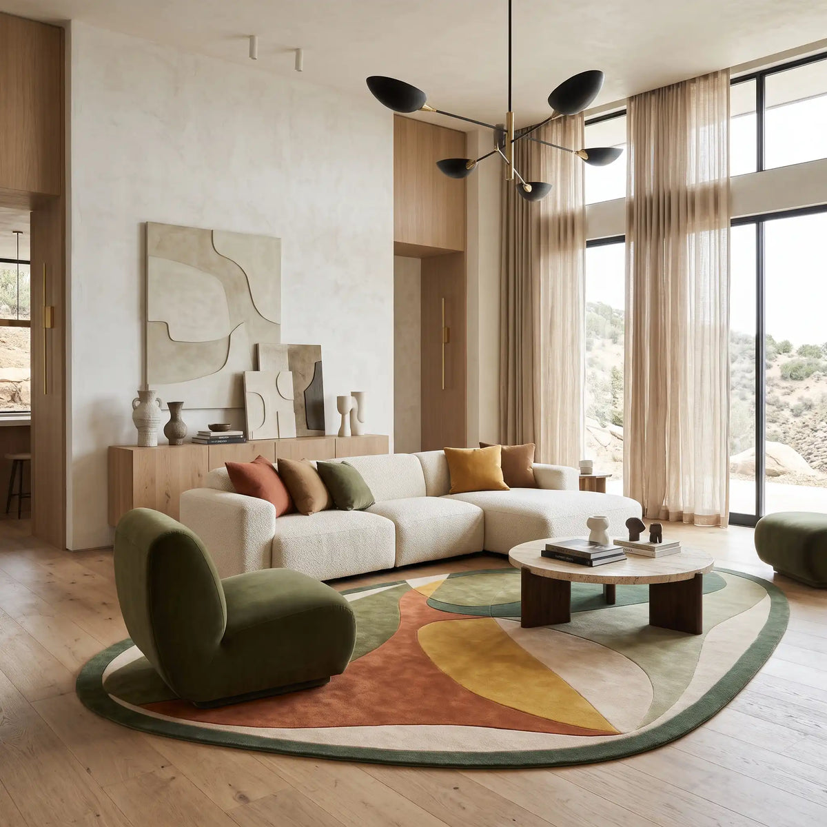 Petal Pebble hand-tufted rug in Olive Amber – styled in a room