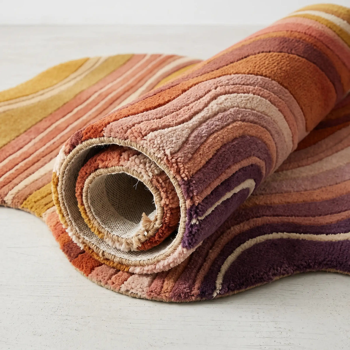 Flowing Strata modern abstract rug in Sunset Ember – rolled to show the backing and thickness