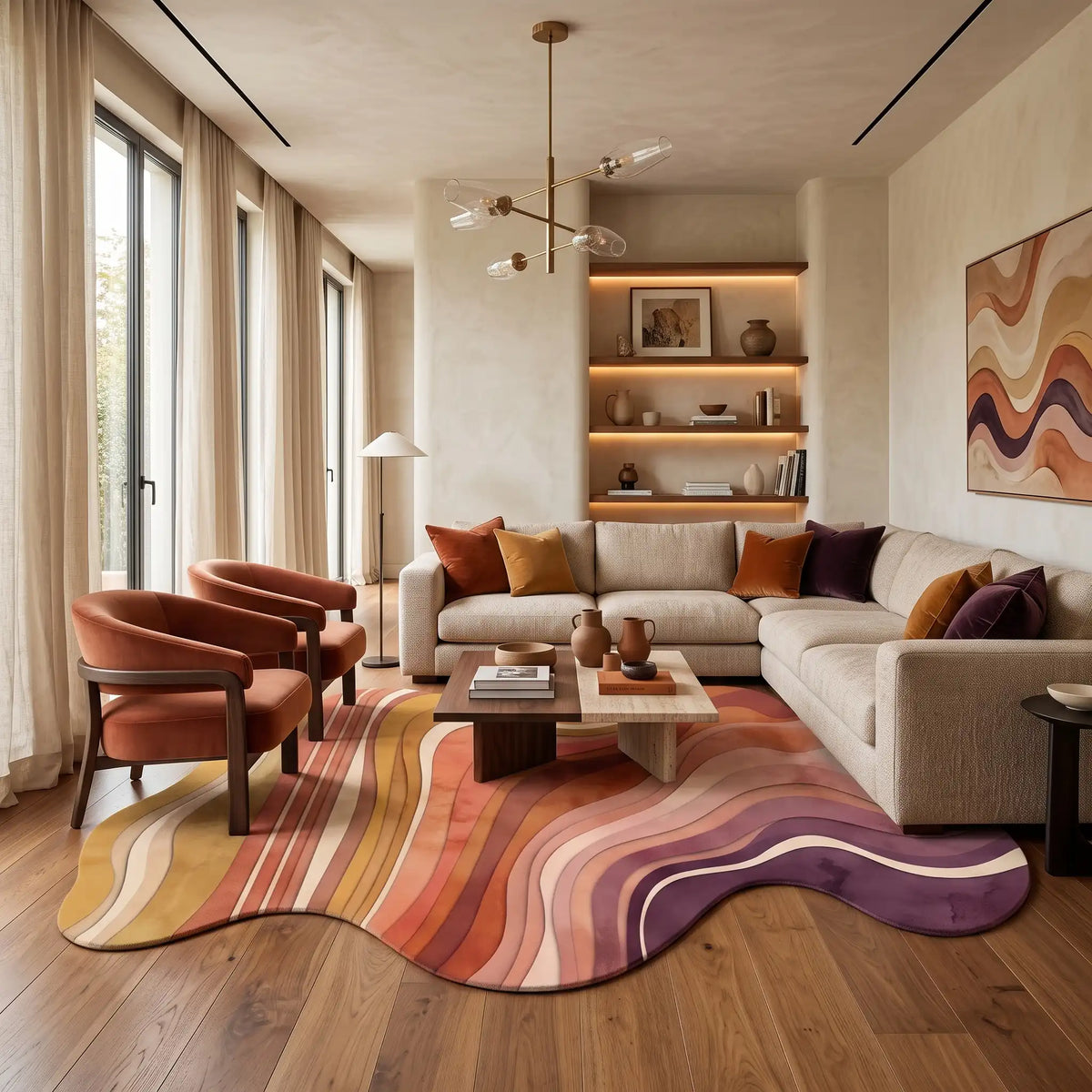 Flowing Strata modern abstract rug in Sunset Ember – styled in a living room