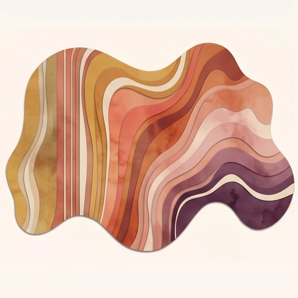 Flowing Strata modern abstract rug in Sunset Ember – flat lay