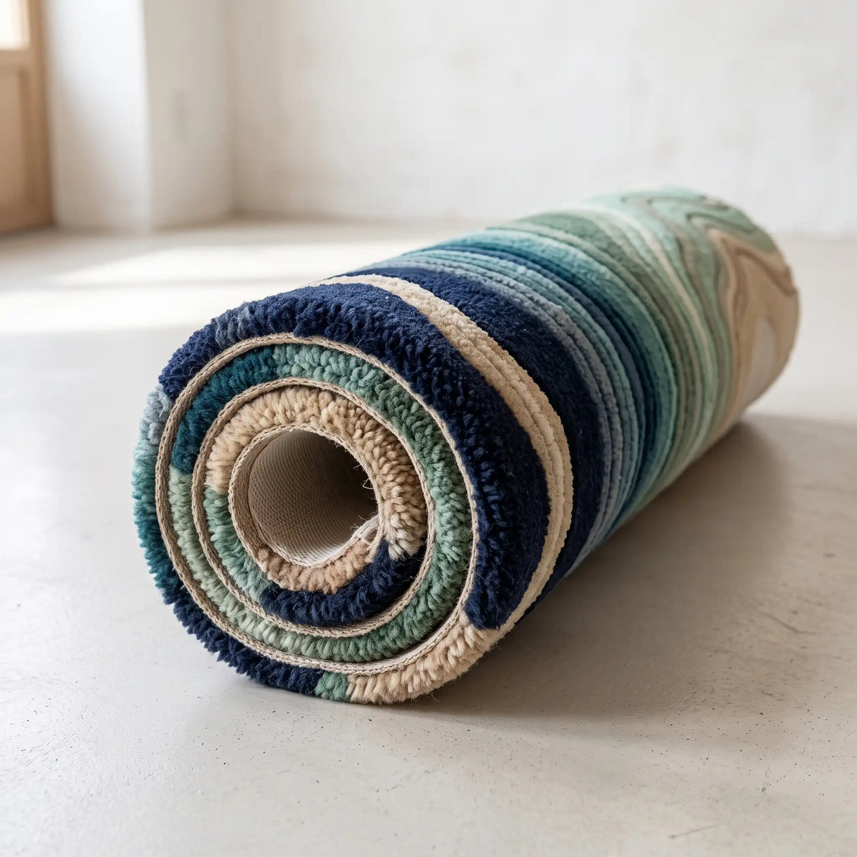 Flowing Strata modern abstract rug in Ocean Teal – rolled to show the backing and thickness