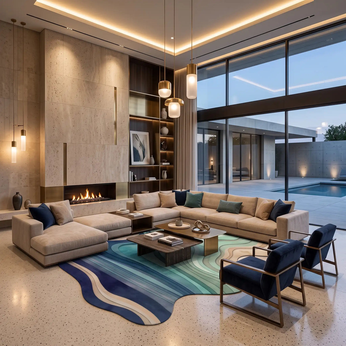 Flowing Strata modern abstract rug in Ocean Teal – styled in a living room