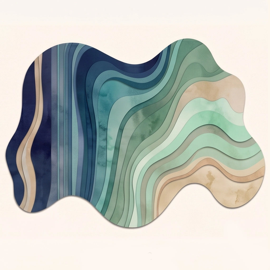 Flowing Strata modern abstract rug in Ocean Teal – flat lay