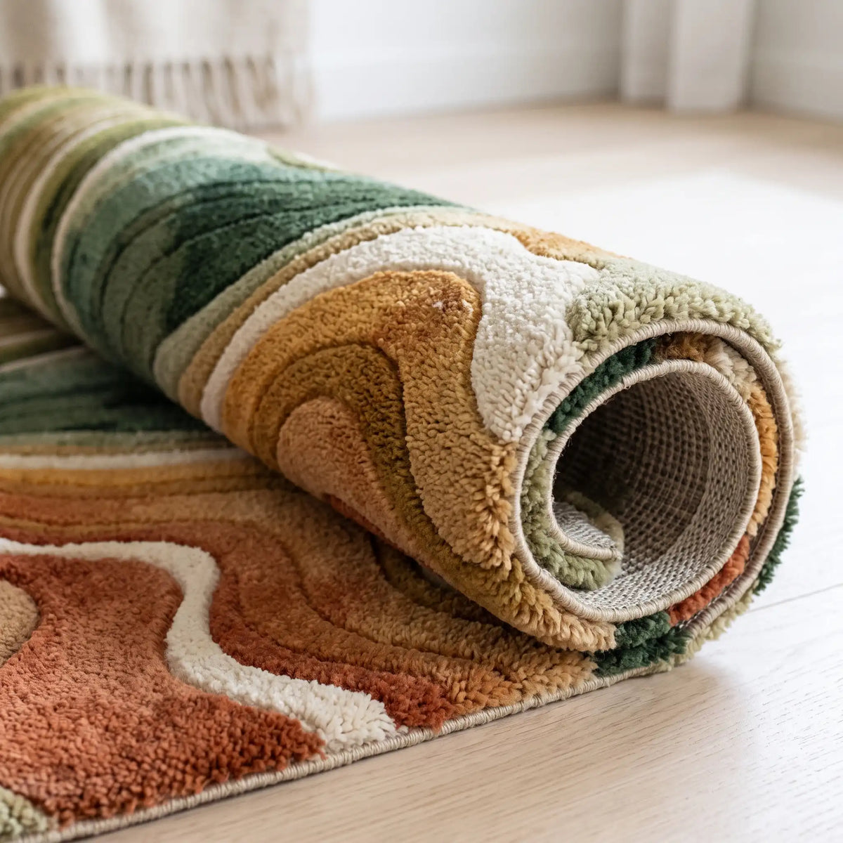Flowing Strata modern abstract rug in Sage Ochre – rolled to show the backing and thickness