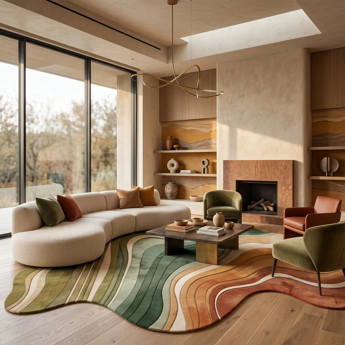 Flowing Strata modern abstract rug in Sage Ochre – styled in a living room