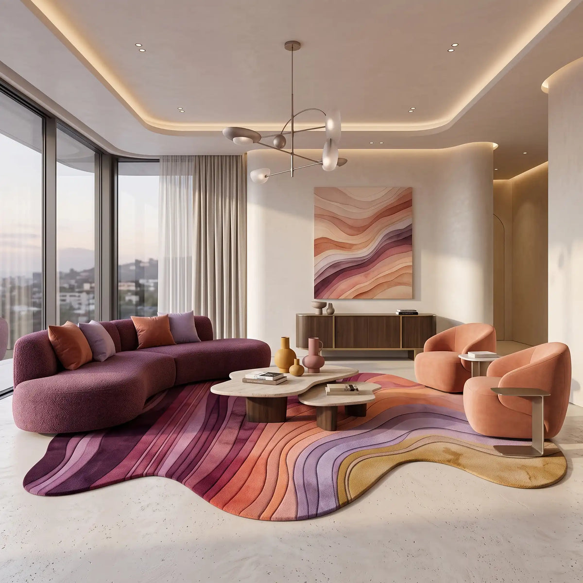 Flowing Strata modern abstract rug in Plum Blush – styled in a living room