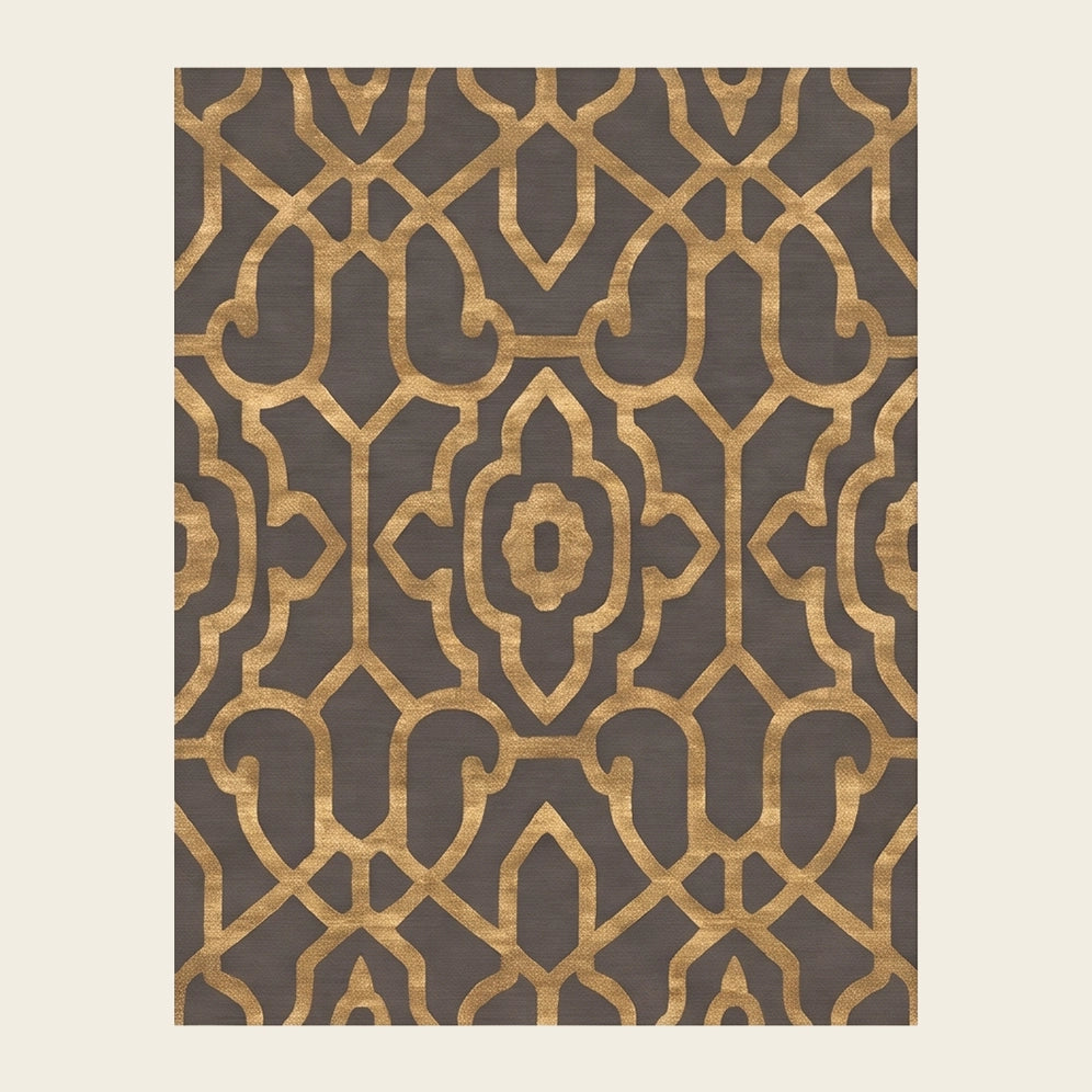 Moorish Trellis hand-tufted rug in Ochre Taupe – flat lay