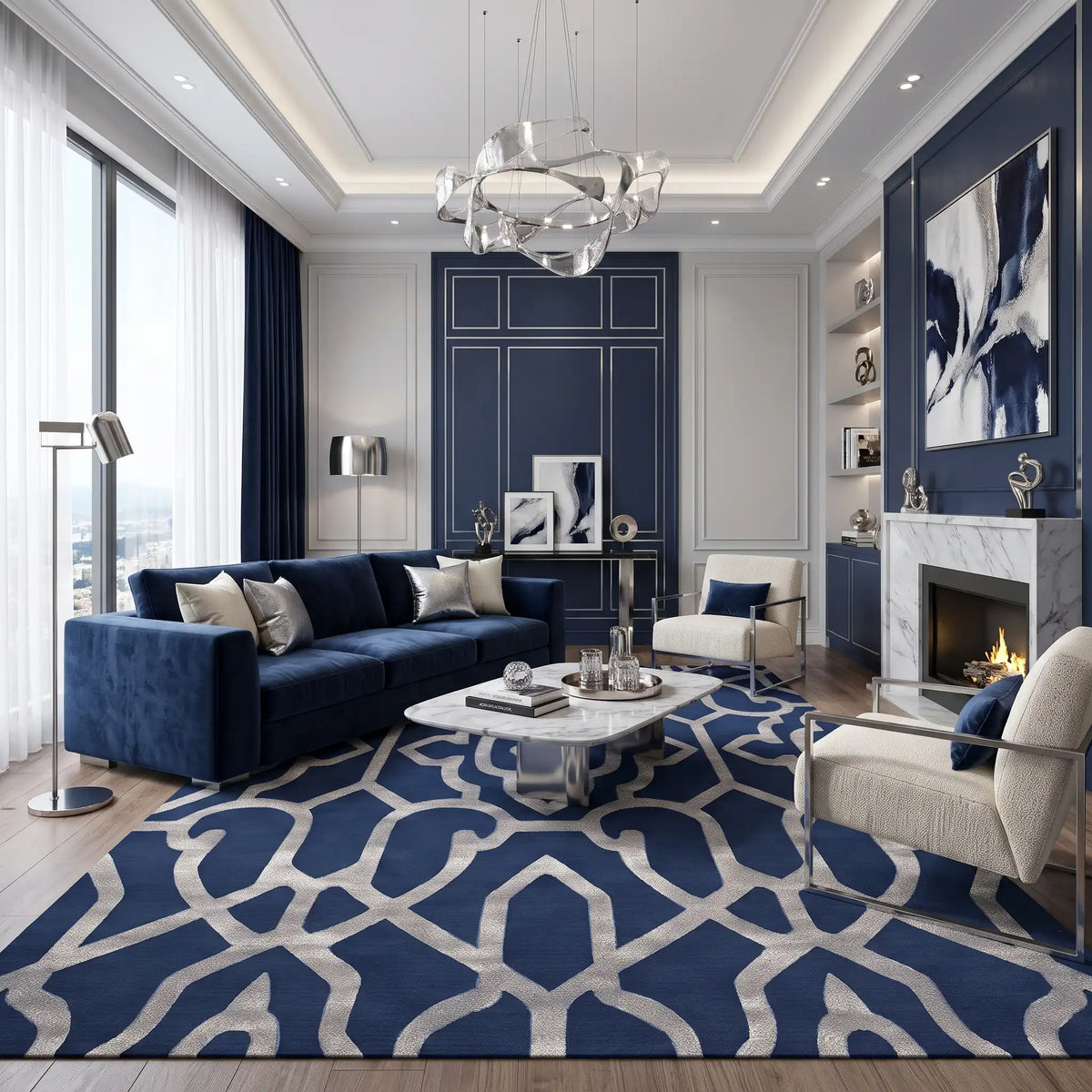 Moorish Trellis hand-tufted rug in Navy Ivory – close-up of the tufted pile texture