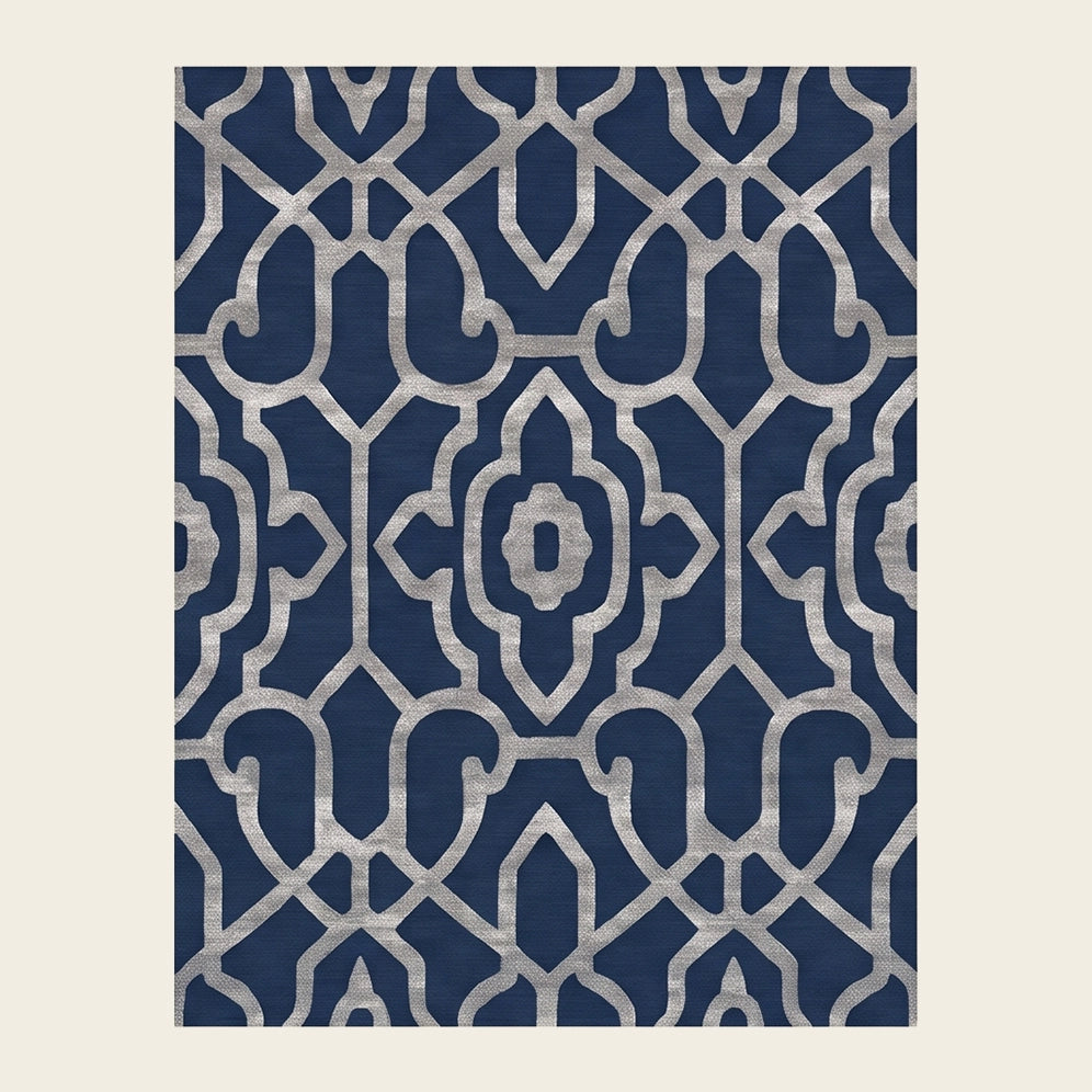 Moorish Trellis hand-tufted rug in Navy Ivory – flat lay