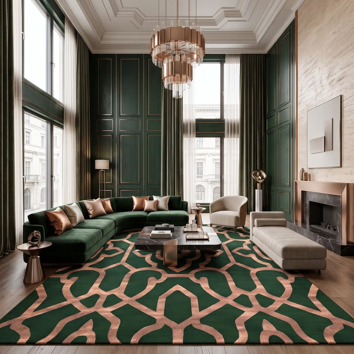Moorish Trellis hand-tufted rug in Emerald Gold – close-up of the tufted pile texture