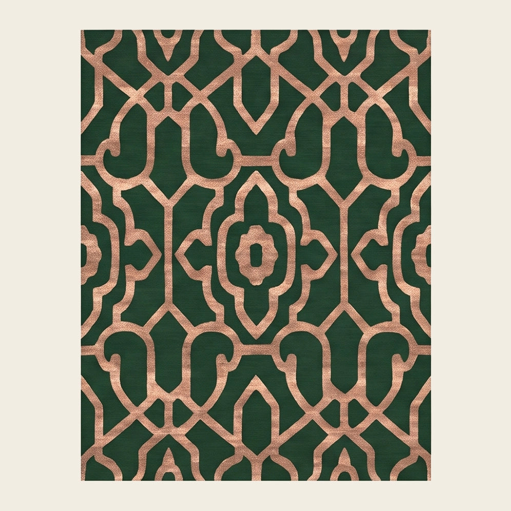 Moorish Trellis hand-tufted rug in Emerald Gold – flat lay